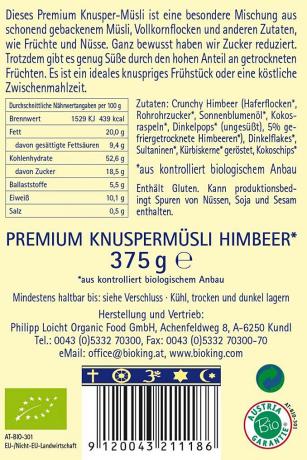 Musli crocant cu zmeura, premium, ECO, 375 g,1