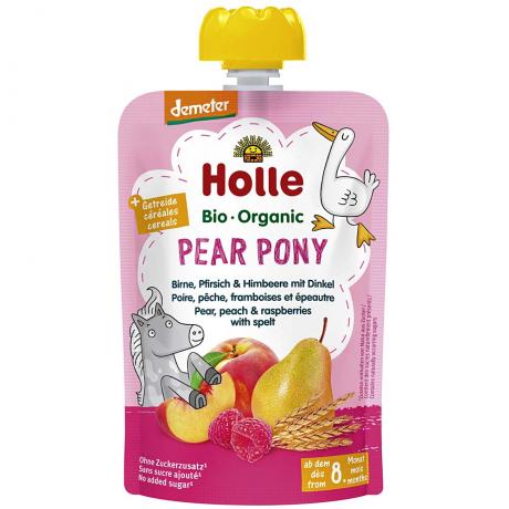 Piure “Pear Pony” cu para, piersica, zmeura si spelta, Demeter, ECO, 100 g, - Holle