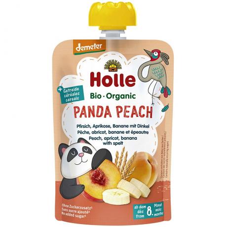 Piure “Panda Peach”, cu piersica, caisa, banana si spelta, Demeter, ECO, 100 g, - Holle